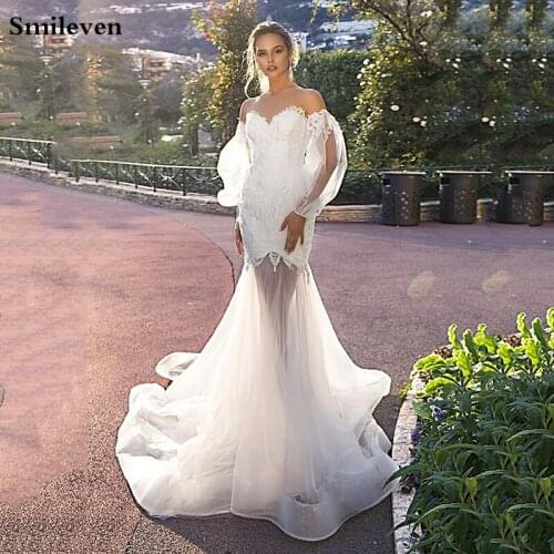 Smileven Mermaid Wedding Dress 2021 Puff Sleeve Appliqued Lace Bridal Dresses 2021 With Romantic Button Back Wedding Gowns