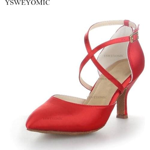 Womens Elegant Ballroom Party Modern Latin Dance Shoes Red Satin Social Waltz Tango Dancing Heels Closed Toe Ballroom Shoes