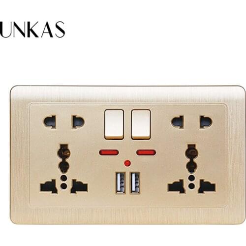 UNKAS LED indicator 146mm*86m Gold Wall Power Socket Double Universal 5 Hole Switched Outlet 2.1A Dual USB Charger Port