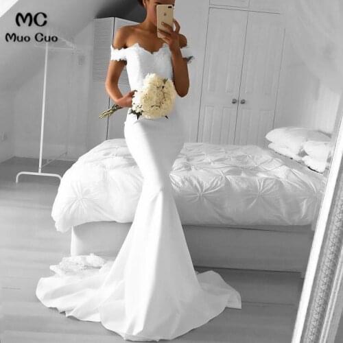 2018 Off The Shoulder Mermaid Evening Dresses with Lace Appliques Vestido de festa Short Sleeve Formal Evening Party Dress