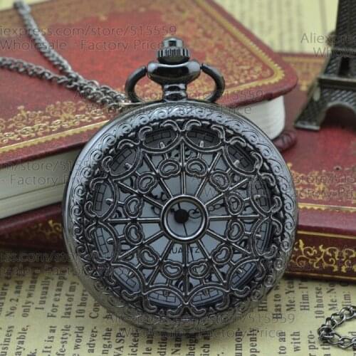 High Quality Black Hollowed Heart Pocket Watch Fashion Quartz Watch 50pcs/lot Alloy Collection DHL Free Shipping Wholesale