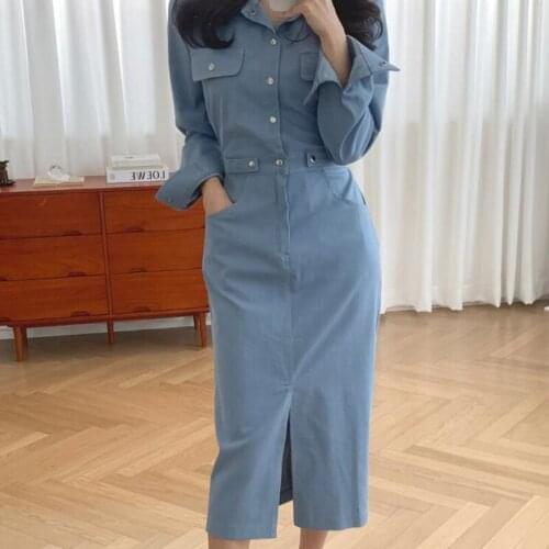 ZAWFL Woman Long Shirt Single Breasted Dress Cotton Korean Clothing Boho Beach Big Maxi Blue 2021 Autumn Oversized Pure Dresses