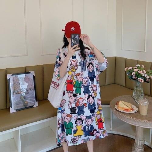 Large size womens summer T-shirt skirt new dress loose cartoon print short-sleeved long thin personality T-shirt skirt