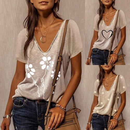 Women Summer Fashion Short Sleeve V-neck Printing Casual Blouse T-shirt Tops