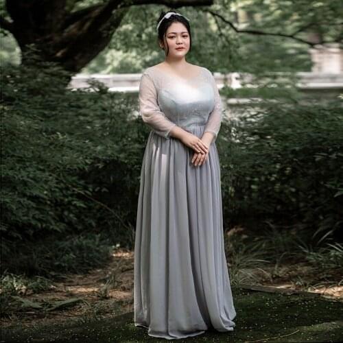 Women Elegant Evening Dresses Plus Size A-Line Three Quarter Floor-Length O-neck Embroidery Regular Lace Up Party Dresses D069