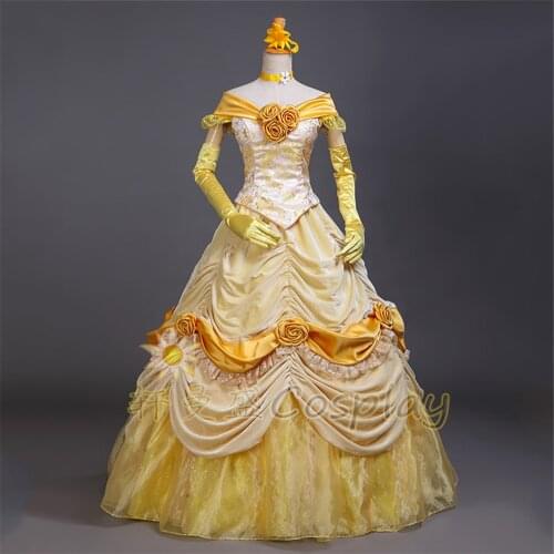 New Arrival Princess Belle Luxury Cosplay Stain Yellow Costume Dress for Women Halloween Carnival Costumes Custom Made