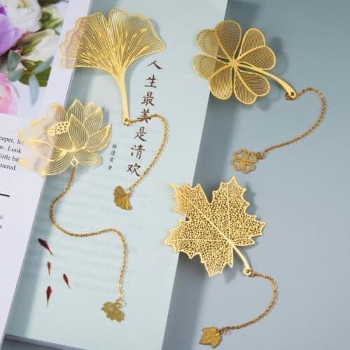 1Pc Retro Chinese Style Creative Gold Metal Bookmark Lotus With Chain Stationery