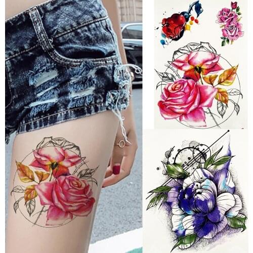 3D Geometric Watercolor Rose Flower Temporary Tattoo Sticker Peony Saturna Body Art Sexy Flash Tattoos Fake Summer Style Tatoo