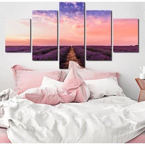 5 Canvas Printed Posters Pink And Purple Sky And Lavender Fields Exquisite Composition Photography Art Photos For Modern Decor
