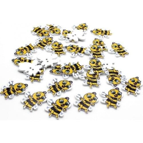 50pcs Mixed 2 Holes Decorative Buttons Wooden natural Lovely Cartoon bee Buttons Sewing Scrapbooking accessories