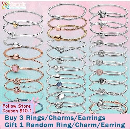Smuxin 925 Silver Heart Infinity Wishbone Heart Blue Disc Fan Clasp Heart T-Bar Multi Snake Chain Bracelets Friendship Bangles