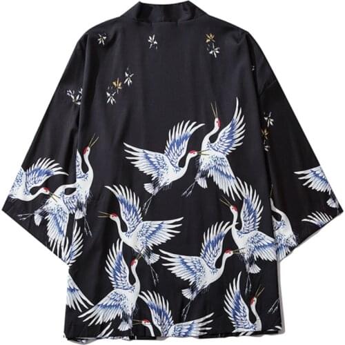 Crane Japanese Style Kimono Belt Haori Men Women Cardigan Yukata Chinese Traditional Japanese Black Clothing Asian Clothes