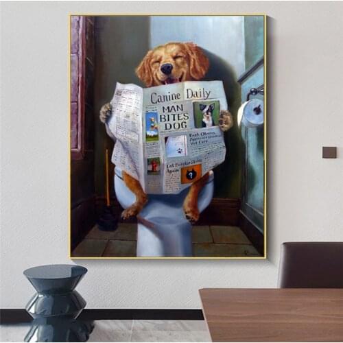 Animal Funny Smile Dog Read Newspaper Oil Painting on Canvas Poster and Prints Wall Art Picture for Bathroom Toilet Decoration