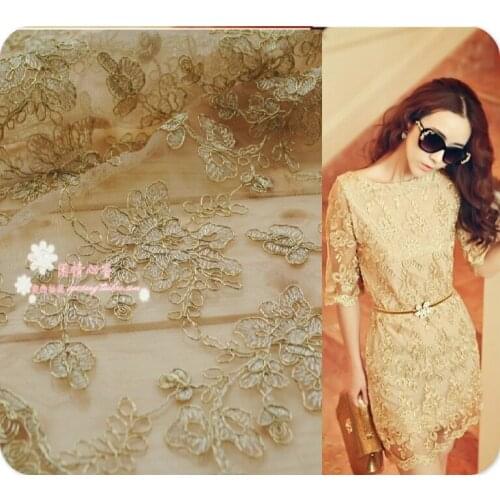 Gold Car Bone Embroidered Lace Fabric Wedding Dress Cloth Width 120cm 1yard