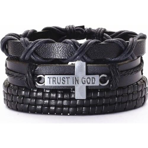 Trendy Black Brown Genuine Leather Woven Guitar TRUST IN GOD Cross Charm Men Bracelets Women Homme Casual Gift 3 Pcs/set Jewelry