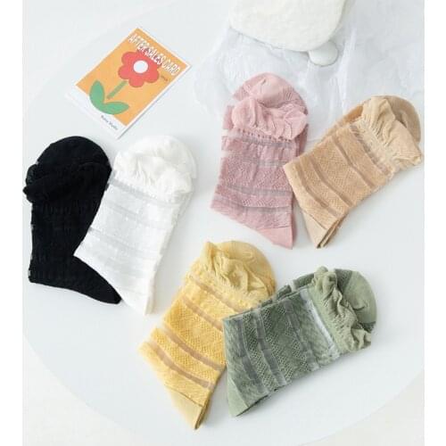 Fashion Stripes Semi-Transparent Glass Filament Lolita Socks Women Summer Japenese Cute Ruffle Ultra-Thin Cool White Socks