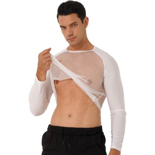 Mens Fashion T Shirt Sexy See-through Mesh T-shirt O Neck Long Sleeve Patchwork T-shirts Tops for Party Nightclub Stage Show