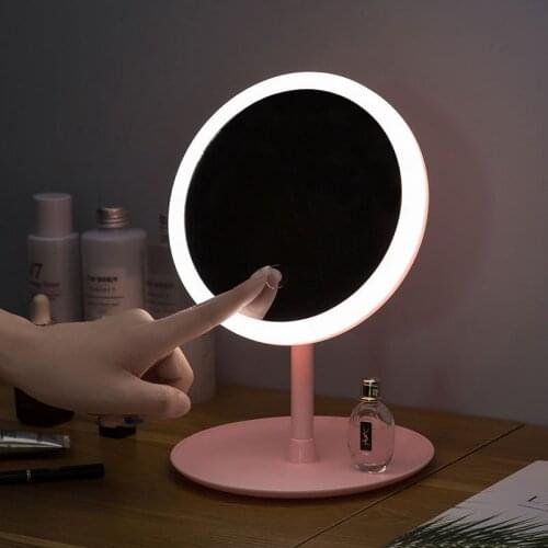 Desktop Vanity Mirror With Led Light, Pink Student Dormitory Table Makeup Mirror Ring Shape