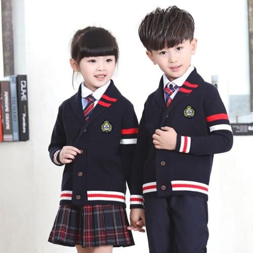 Autumn Winter Children School Uniforms 2PCS Set Knitted Single Breasted Sweater Jacket+Pants/Skirts Suits Student Outfit 3-13T