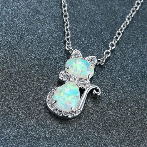 Cute Animal Small Cat Pendant Necklace Dainty Blue White Opal Necklace Charm Silver Color Chain Necklaces For Women Boho Jewelry