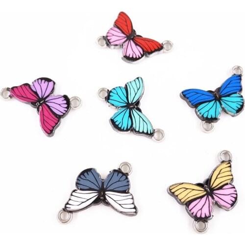Mibrow 10pcs/lot 2.1*1.5*0.25cm 6 Colors Butterfly Charms Double Hang For DIY Necklace Bracelet Jewelry Making Findings