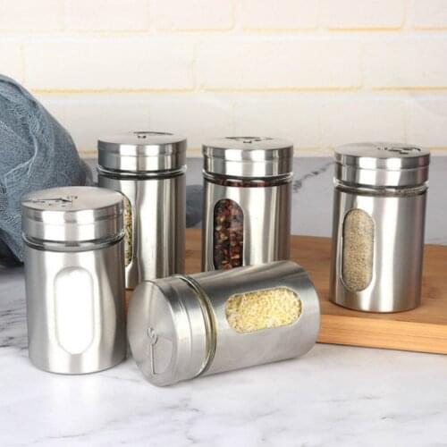 Salt Jars Stainless steel seasoning box rotating seasoning bottle seasoning jar cumin powder bottle dusting pot barbecue tool
