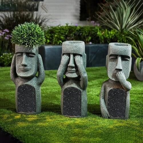 Easter Island Statue Garden See Hear Speak No Evil Garden Ornaments Solar Powered Waterproof Garden Decoration Sculptures