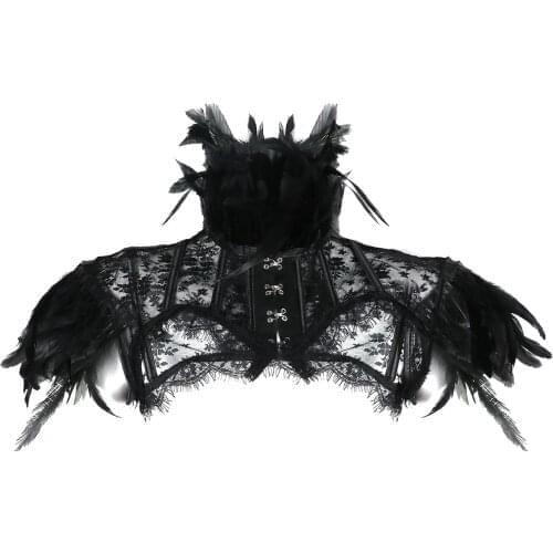 Vintage Punk Goth Feather Collar Shoulder Women Lace Bolero Jacket Shrug Birds Witch Cosplay Wrap Halloween Party Rave Costume