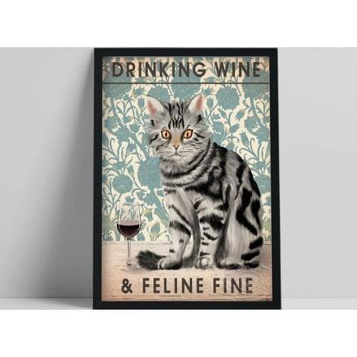 Vintage Funny Cat Poster, Drinking Wine & Feline Fine Wall Stickers, Blue Flower Animal Wall Decor, Cat Lover Art Prints Gift