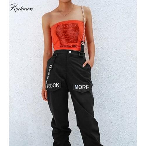 Rockmore Black Gothic Korea Style Cargo Pants With Chain Pocket Women High Waist Trousers Wide Leg Pants Femme Pant Winter Fall