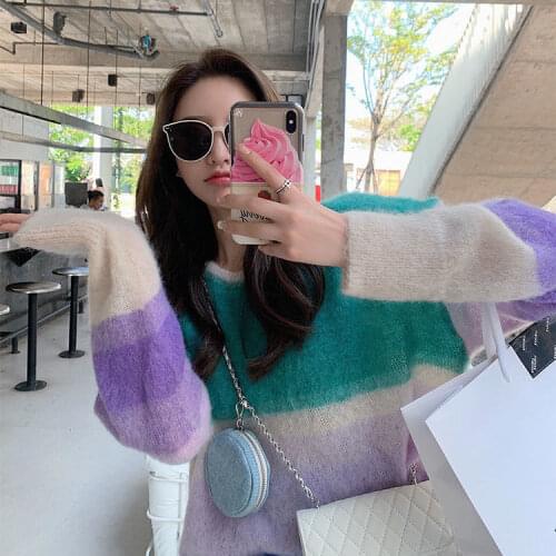 Women 2021 Autumn Winter Fashion Striped Sweater Tops Female Thick Warm Loose Tops Ladies Long Sleeve Knitted Pullover Tops Y302