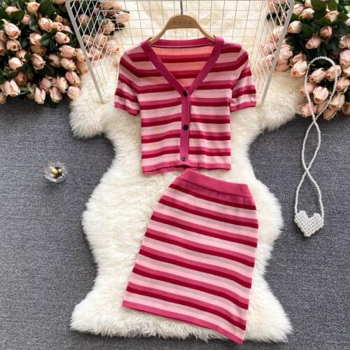 Color-Blocking Striped Suit Womens Summer Knit Short Sleeve Cardigan Jacket Wild High Waist Skirt Two Piece Trend Outfit zh1681