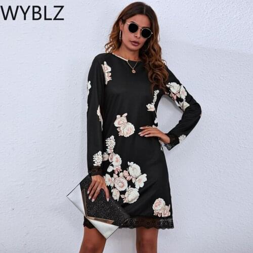 WYBLZ Spring Summer O Neck Long Sleeve Womens Dress 2021 New Fashion Floral Print Loose Ladies Mini Dress Vestidos