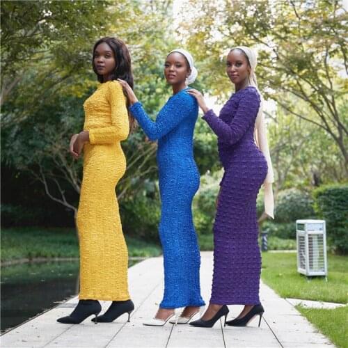 Autumn Winter Women Pompoms Fitted Bodycon Knit Maxi Pencil Dress Long Sleeves O Neck Slim Bandage Muslim Elegance Solid Color