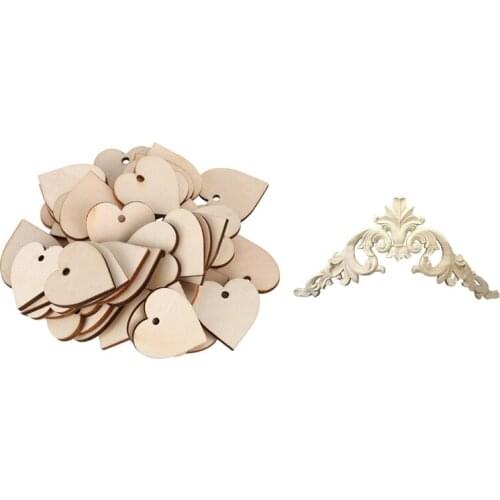 1pc 15 x 15cm Rubber Wood Carved Corner Onlay Applique Exquisite Unpainted & 50x Hearts Wooden Blank Craft Embellishment