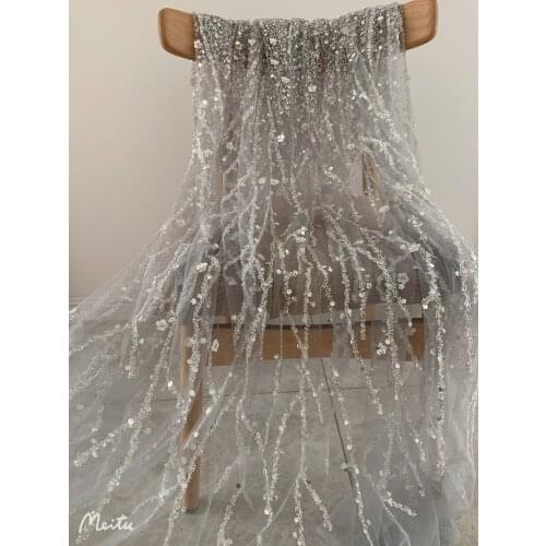 1 yard Grey Heavy Bead Tulle Lace Fabric With Florals For Bridal Dress, Beading And Sequined Mesh Fabric For Wedding Gown