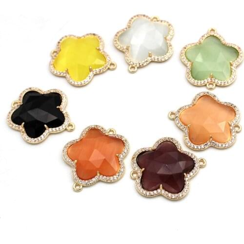 10pcs Flower Shape CZ Pendants 2 Holes Connectors Black Yellow Cats Eye Stone Charms for DIY Women Bracelets Earrings Making