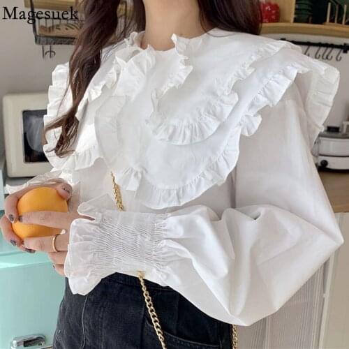 Ruffled Korean Woman Blouses Turn Down Collar Long Sleeve Oversize White Shirts Fashion Women Casual Plus Size Tops Blusas 14398