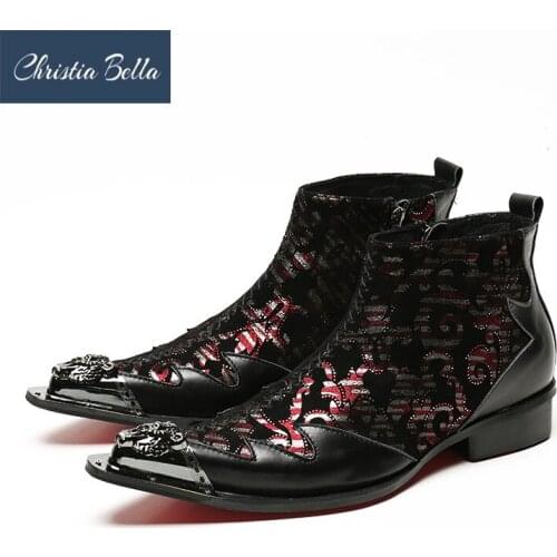 Christia Bella Winter Patchwork Men Shoes Genuine Leather Boots New Fashion Metal Toe Boots Plus Size Ankle Zipper Boots