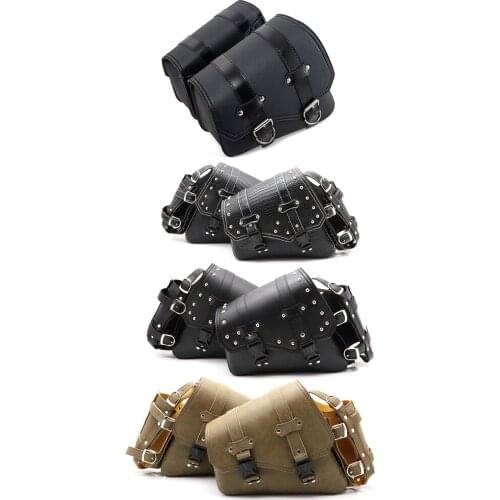 For Honda Suzuki Black PU Leather Saddle Bag Motorcycle Luggage Left+Right Side Tool Bag For Harley Sportster XL 883 XL1200