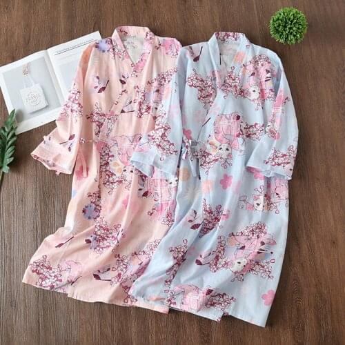 Robes for Women Pajamas Cotton Yukata Kimono Cardigan Cat Print Japanese Style Breathable Sleepwear Comfy Loose Couple Clothes