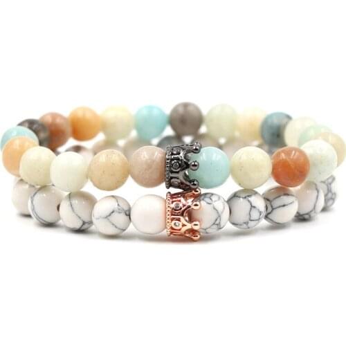 2pcs Set Crystal Paved Crown Howlite Colorful Stone Prayer Beads Buddha Beaded Bracelets Women Mens Pulseras Masculina Jewelry