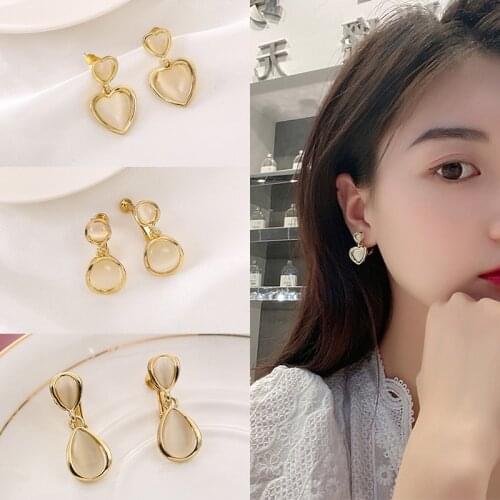 Korean Temperament Simple Heart Shape Resin Stone Clip Earrings Retro Geometric Round Opal Ear Clip on Earrings No Piercing Lady