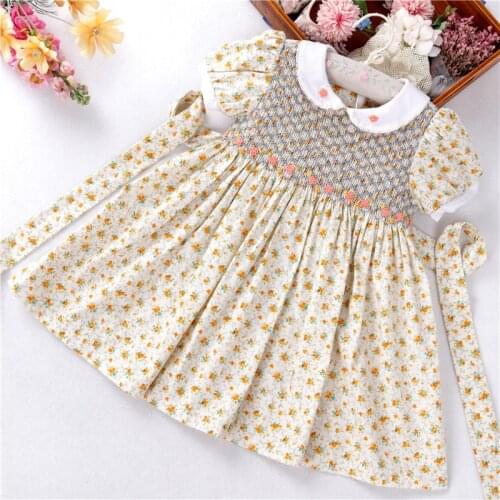 Summer little girls dresses long flower floral smocked hand made cotton peter pan collar kids clothes children fashion fancy