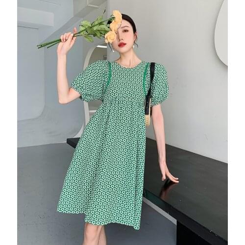 LLZACOOSH 2021 Summer Vintage O Neck Green Print Women Elegant Puff Sleeve Loose Female A Line Party Knee Lenght Dresses
