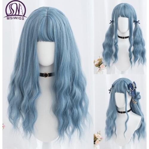 MSIWIGS Lolita Wig for Women Long Purple Blue Greeen Synthetic Hair with Bangs High Temperture Headgear