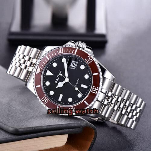 New Parnis 40mm Black dial Mens Automatic Mechanical Watch Ceramic Bezel Steel Miyota 8215 Movement Mens Watches 2019