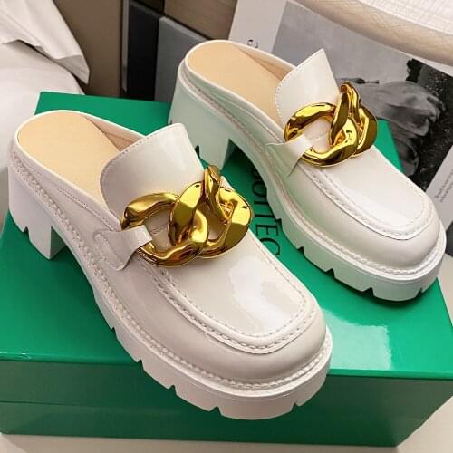 Womens genuine leather chunky heel platform slip-on mules square toe big chain decoration summer female comfortable punk shoes