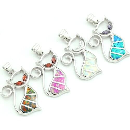 Wholesale Retail Fire Opal Stones Women Silver Plated Cat Pendant For Necklace 1 1/4