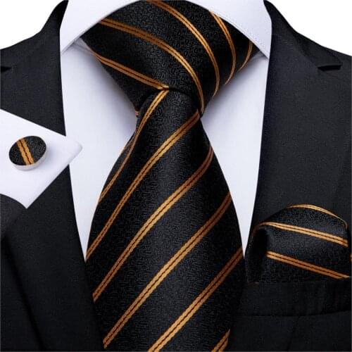 Gift Men Tie Black Gold Striped Silk wedding Tie For Men DiBanGu Novelty Design Hanky Cufflink Men Tie Set Business PartyMJ-7320